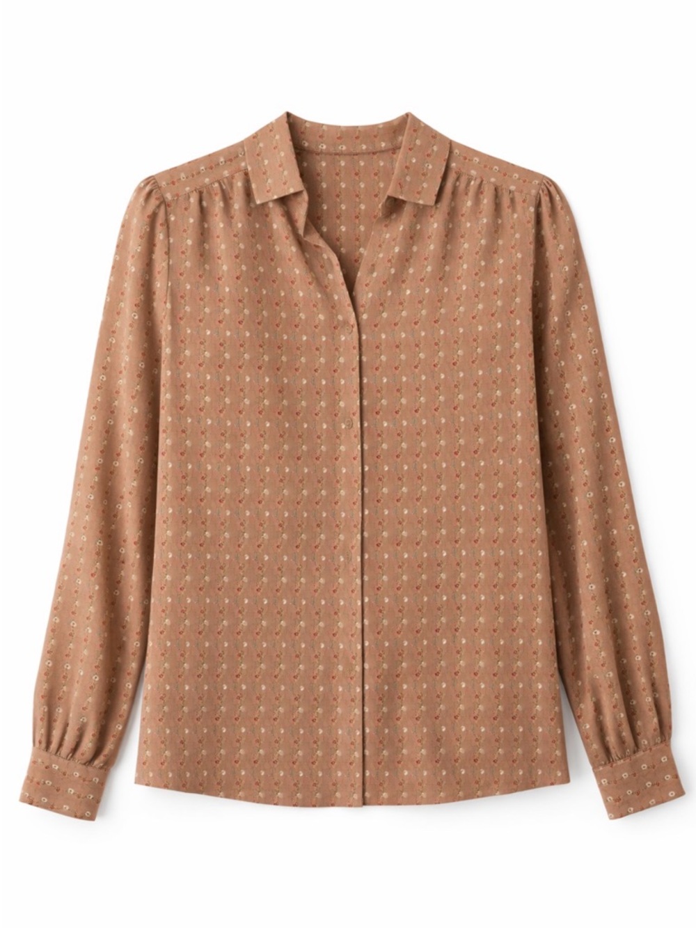 Women's Tan Floral Long-Sleeve Button-Front Blouse